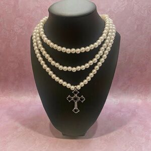Triple-Strand Pearl Necklace with Cross Pendant